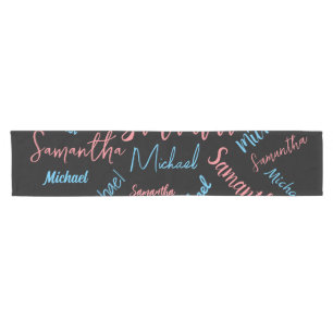 Two names couples pattern monogram blue light pink short table runner