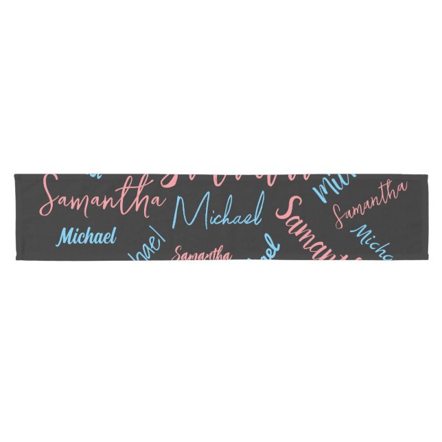 Two names couples pattern monogram blue light pink short table runner (Horizontal)