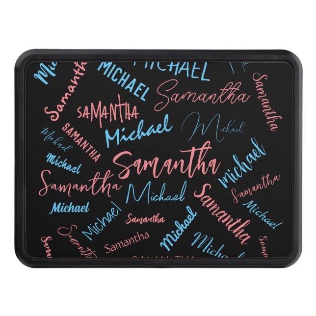 Two names couples pattern monogram blue light pink trailer hitch cover (Front)