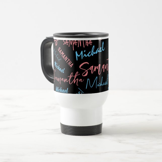 Two names couples pattern monogram blue light pink travel mug (Front Left)