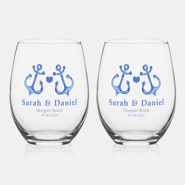 Two Nautical Navy Anchors & Heart - Navy Wedding Stemless Wine Glass (Front)