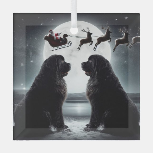 Two Newfs and Santa on His Way  Glass Ornament (Front)