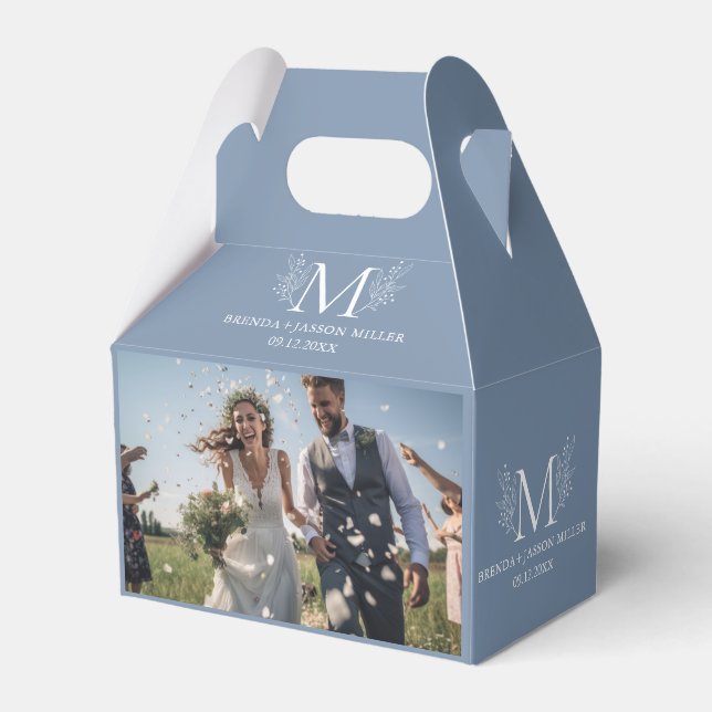Two Newlywed Photos White Botanical Monogram  Favor Box (Front Side)