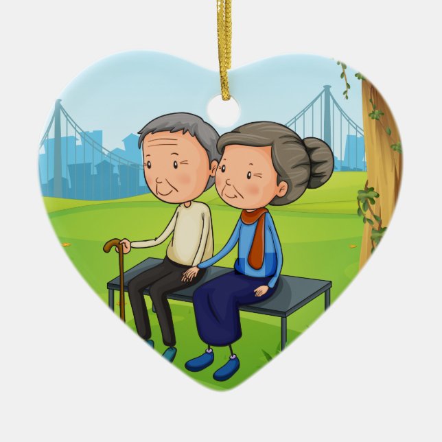 Two old couple at the park ceramic ornament (Front)