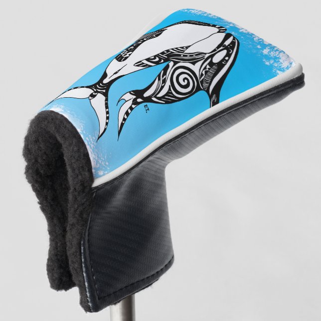 Two Orca Whales Tribal Blue Brushed Golf Head Cover (3/4 Front)
