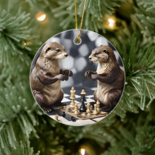 Two Otters Playing Chess,  Ceramic Ornament
