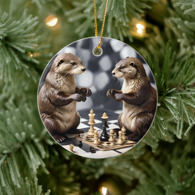 Two Otters Playing Chess,  Ceramic Ornament (Tree)