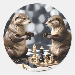 Two Otters Playing Chess, Classic Round Sticker