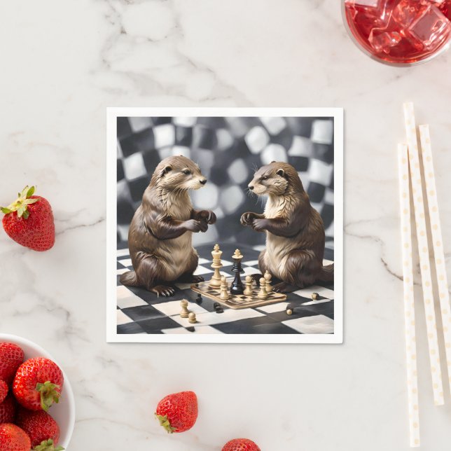 Two Otters Playing Chess,  Napkin (Insitu)