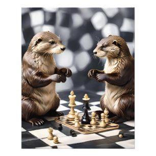 Two Otters Playing Chess, Photo Print