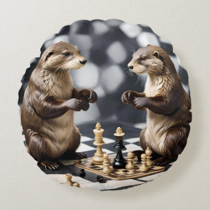 Two Otters Playing Chess,  Round Pillow
