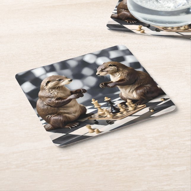 Two Otters Playing Chess,  Square Paper Coaster (Angled)