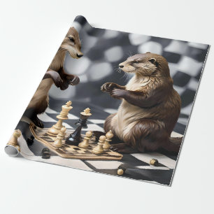 Two Otters Playing Chess, Wrapping Paper
