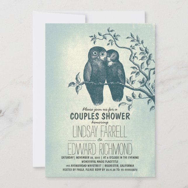 two owls in love & tree branch couples shower invitation (Front)