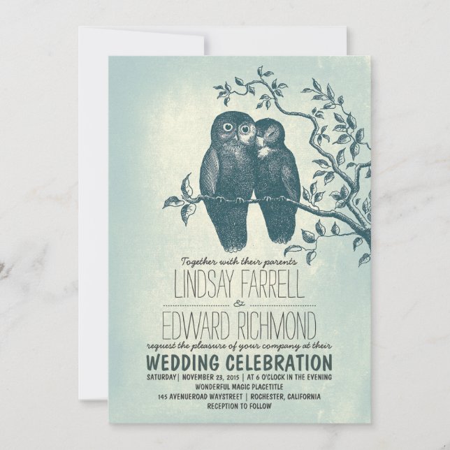 two owls in love & tree branch wedding invitations (Front)