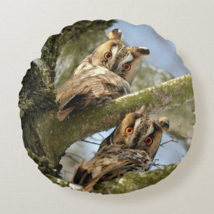 Two Owls in the Woods, birds, wildlife Round Pillo Pillow