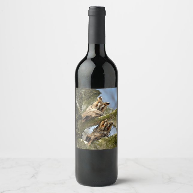 Two Owls in the Woods, birds, wildlife Wine Label (Front)