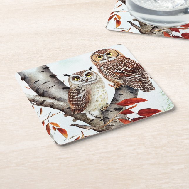 Two Owls sitting in a White Birch Tree in Autumn Square Paper Coaster (Angled)