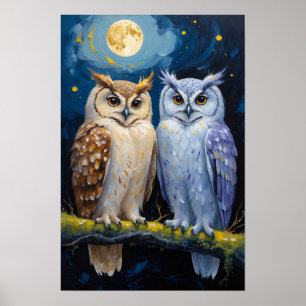 Two Owls Under Moonlight Night Wildlife Painting Poster