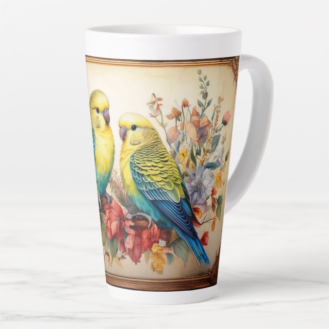 Two Parakeets and Flowers Latte Mug (Right Angle)