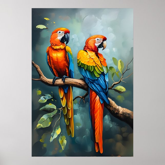 Two Parrots on a Branch Tree Oil Painting Art Poster (Front)