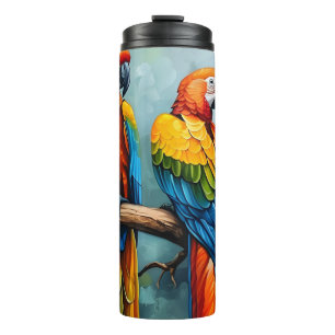 Two Parrots on a Branch Tree Oil Painting Art Thermal Tumbler