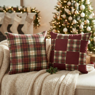 Two Patterned Burgundy & Green Christmas Plaid Throw Pillow