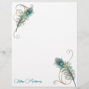 Two Peacock Feathers and Golden Swirls with Teal