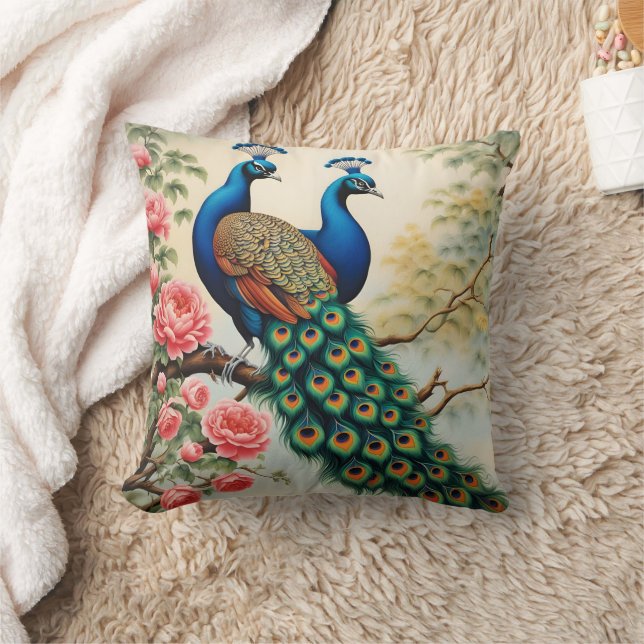 Two Peacocks on a Flowering Branch Throw Pillow (Blanket)