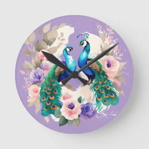 Two Peacocks Purple Round Clock