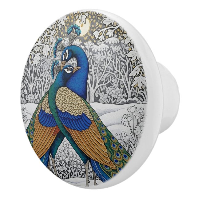 Two Peacocks Romance, Love, Winter Art, Morris Ceramic Knob (Right)