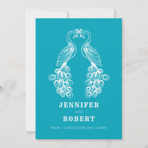 Two peafowl bird teal white wedding invitation