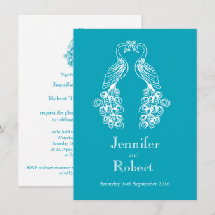 Two Peafowl teal white wedding invitation