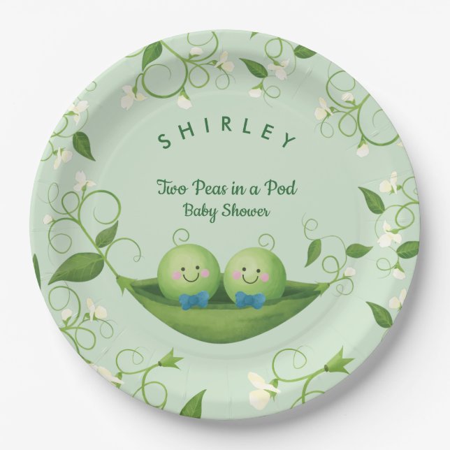 Two Peas in a Pod Baby Boy Twins Shower   Paper Plate (Front)
