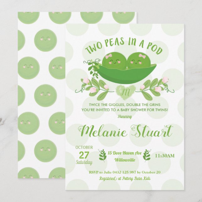 Two Peas in a Pod Baby Shower Invitation for Twins (Front/Back)