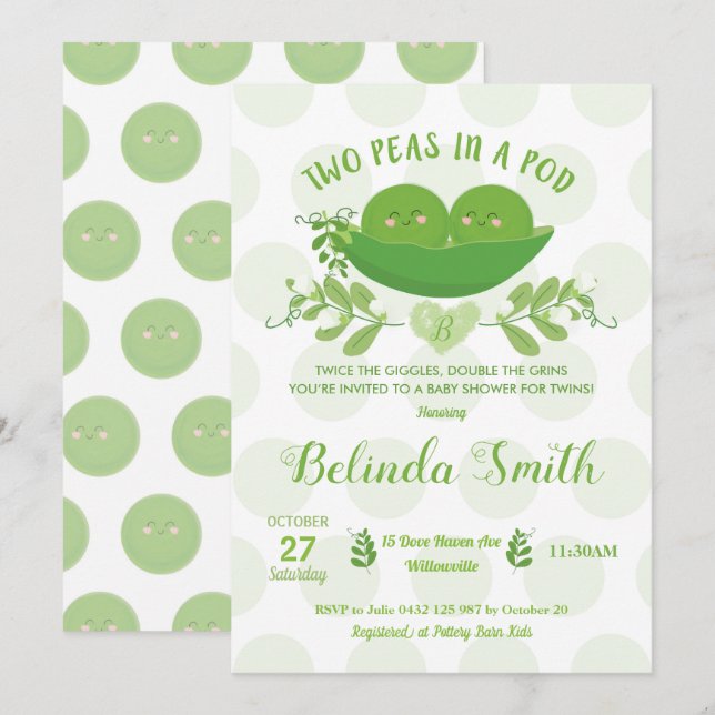 Two Peas in a Pod Baby Shower Invitation for Twins (Front/Back)