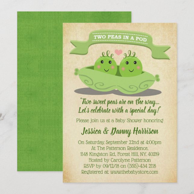 Two Peas In A Pod Twin Baby Shower Invitation (Front/Back)