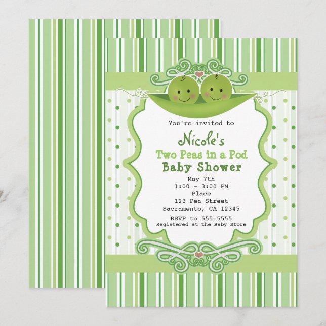 Two Peas in a Pod Twins Baby Shower Invitations (Front/Back)