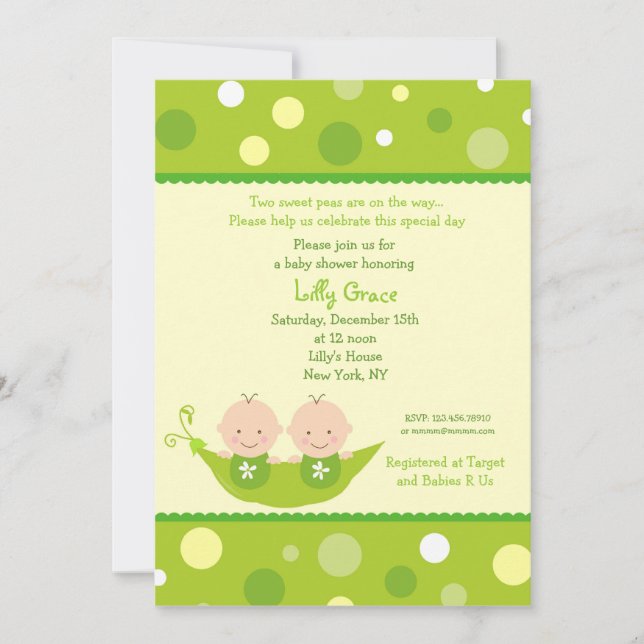 Two Peas In A Pod Twins Baby Shower Invitations (Front)