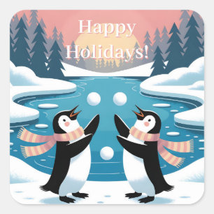 Two Penguins Juggling Snowballs in a Winter Sunset Square Sticker