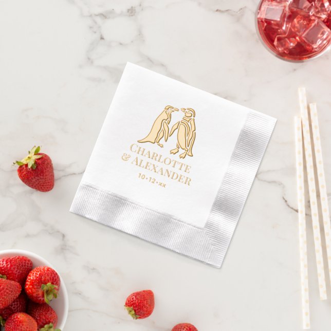 Two Penguins Silhouette #2 Couple Names Date Foil Napkins (Insitu (Strawberry))