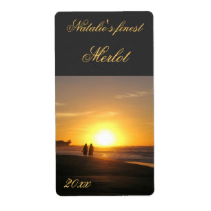 two people at sunset walking wine label