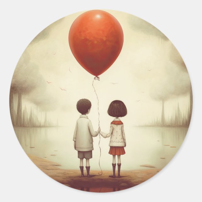 Two people holding hands with a red balloon classic round sticker (Front)