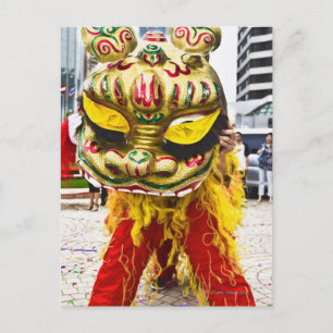 Two people in Chinese dragon costume, Qingdao, Postcard