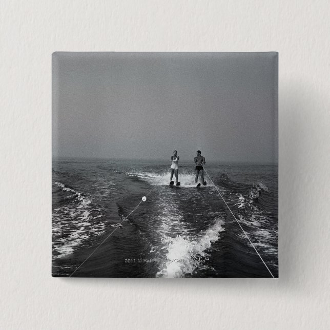 Two people waterskiing 2 inch square button (Front)