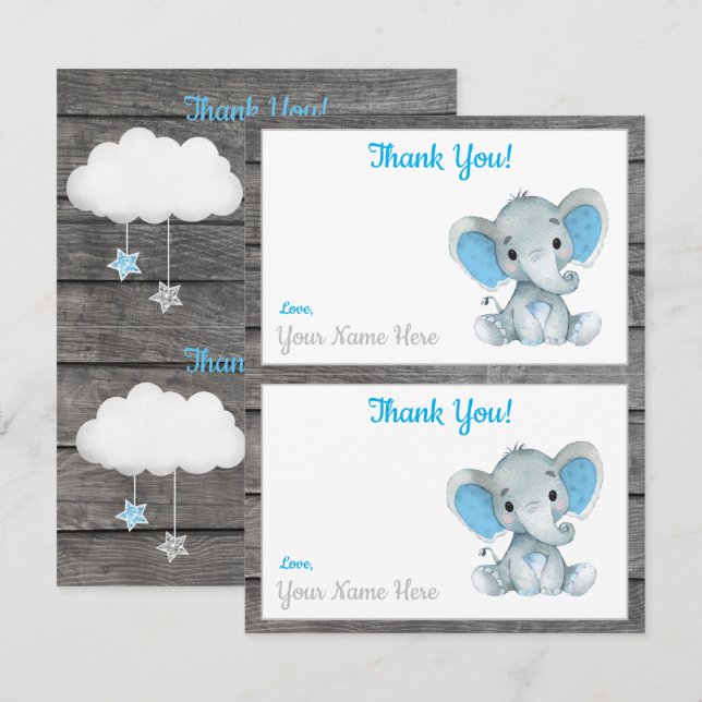 Two Per Page Thank You Cards Elephant Boy Shower (Front/Back)