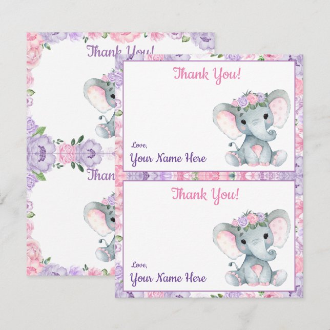 Two Per Page Thank You Cards Elephant Purple Pink  (Front/Back)