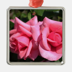 two perfect hot pink rose flowers. love metal ornament