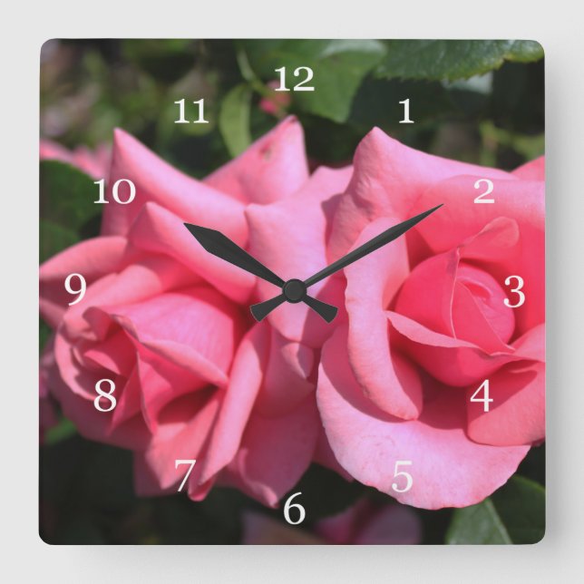 two perfect hot pink rose flowers. love square wall clock (Front)