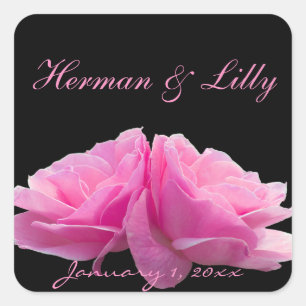 Two Perfectly Pink Roses Personalized Wedding Square Sticker